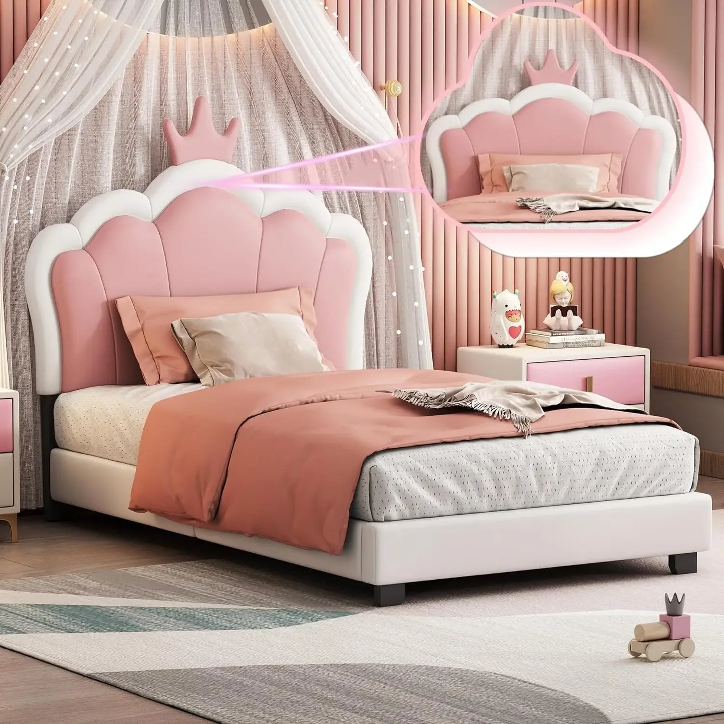 Full-Size Upholstered Princess Bed with Crown Headboard, Full Size Platform Bed with Headboard and Footboard Suitable for girls