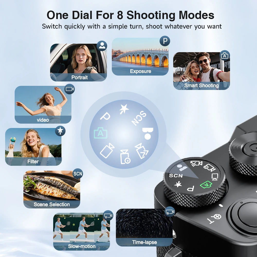 Digital Camera, 6X Optical Zoom & WiFi, 5K 30FPS 64MP Vlogging Camera, Rear & Front Cameras for Photography and Video, 64GB Card