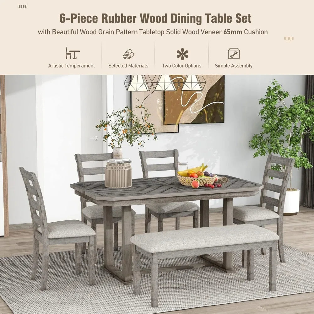 6 Pieces Dining Table Set with Bench, Rectangle Dining Table with 4 Upholstered Chairs & A Bench, Rubber Wood Dining Table Set