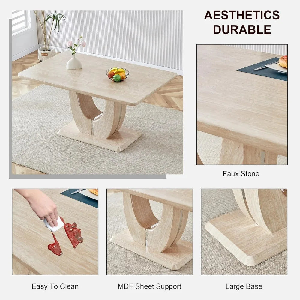 Modern wooden dining table set for 6 people with imitation marble top & 6 PU leather upholstered chairs,Wood grain beige