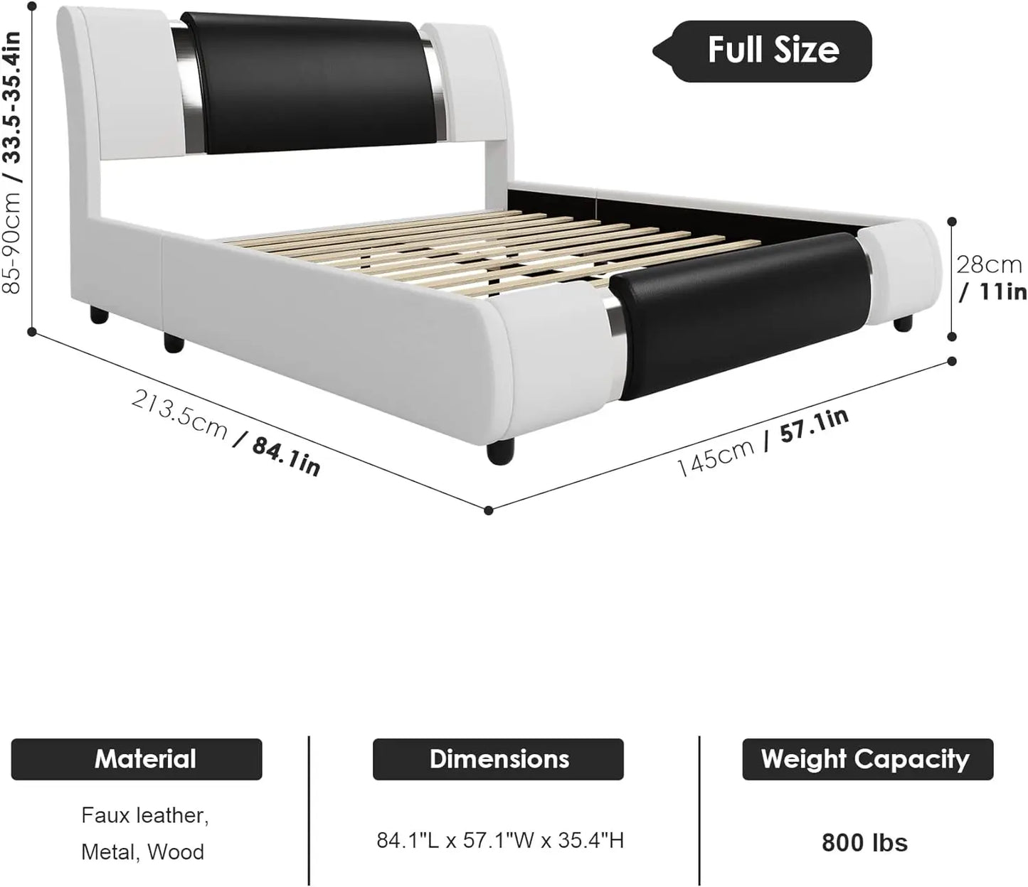 Modern Faux Leather Upholstered Platform Bed Frame with Golden Iron Metal Decor, Adjustable Curved Headboard, Queen Size, White