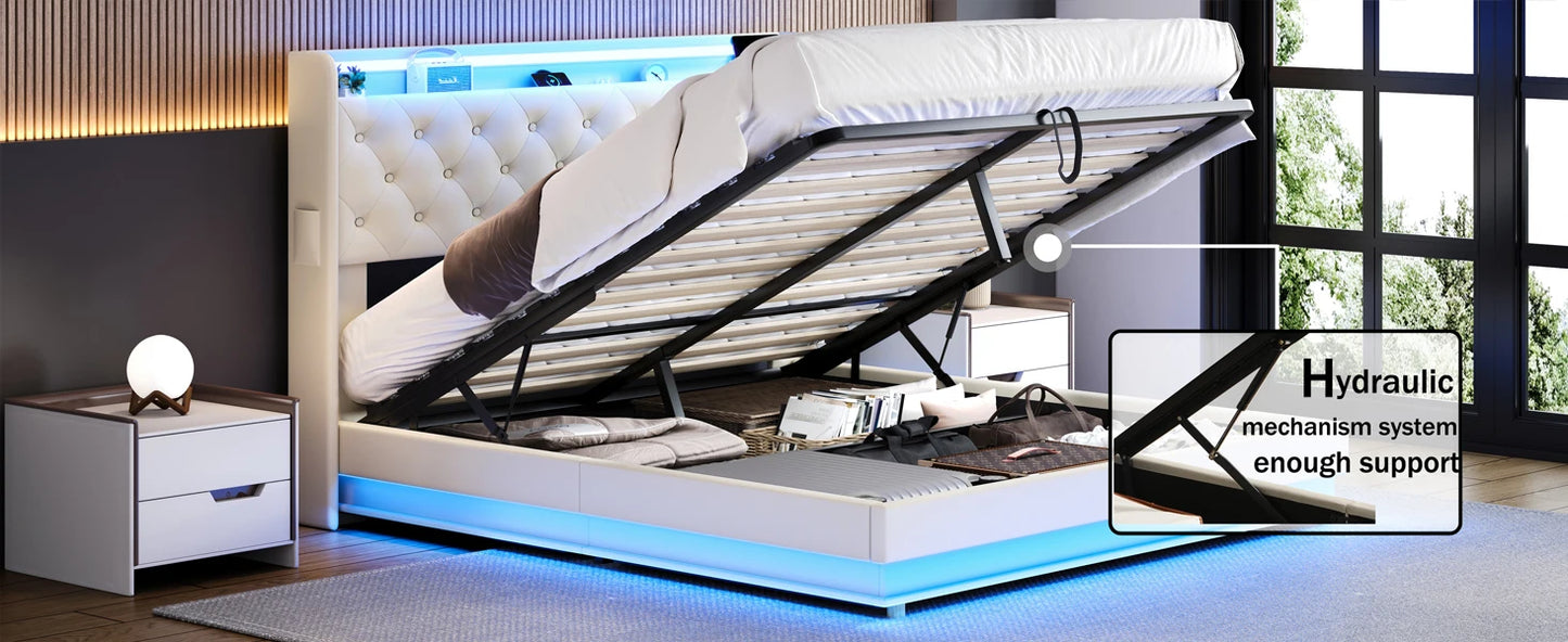 Bed Frame with Charging Station & Led Lights, Upholstered Platform Bed with Button Tufted Wingback Storage Headboard