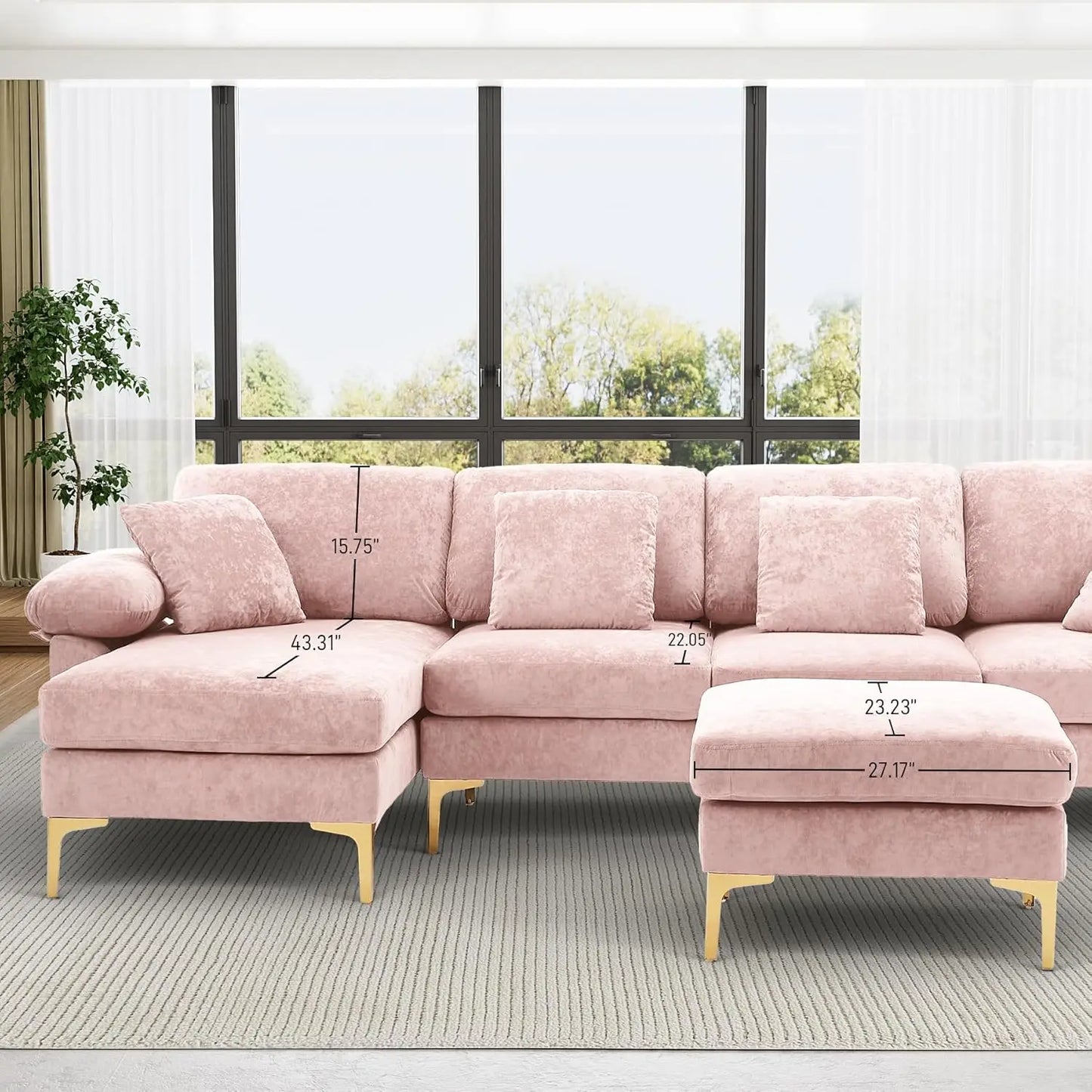 U-Shaped Sectional Sofa Couch, 4 Seat Sofa Set for Living Room, Convertible L-Shaped Velvet Couch Set with Chaise Lounge