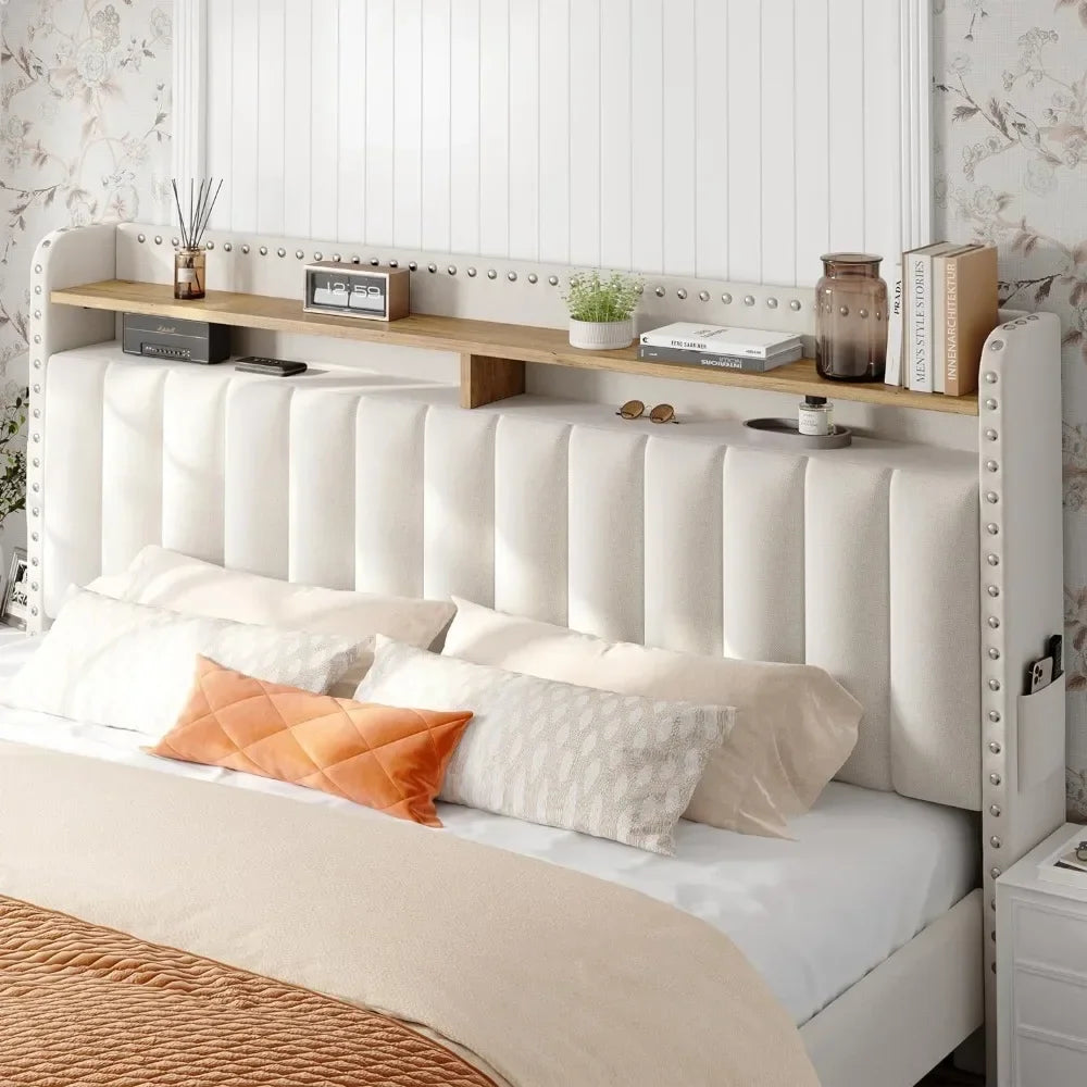 Queen Bed Frame with Headboard and Storage, Upholstered Queen Bed Frame with Storage, Queen Size Bed Frame with 2 Drawers