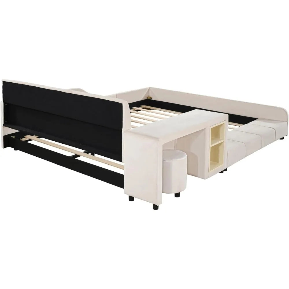 Queen Size Upholstered Grounded Bed with Bedside Desk and Stool,Upholstered Headboard,Grounded Upholstered Wood Base Bed Frame