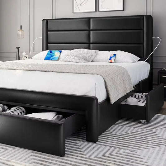 Bed Frame King Size  with 2 USB Charging Station/Port Type A&Type C/4 Storage Drawers,Leather Upholstered Platform Bed Headboard