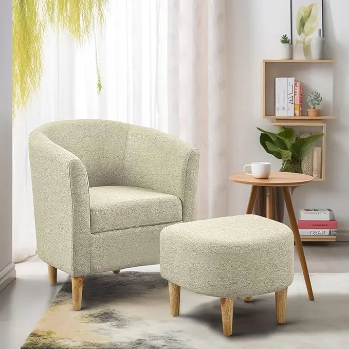 Mid Century Modern Barrel Comfy Fabric Armchair and Footrest Set, Upholstered Club Tub Round Arms Chair for Living Room Bedroom