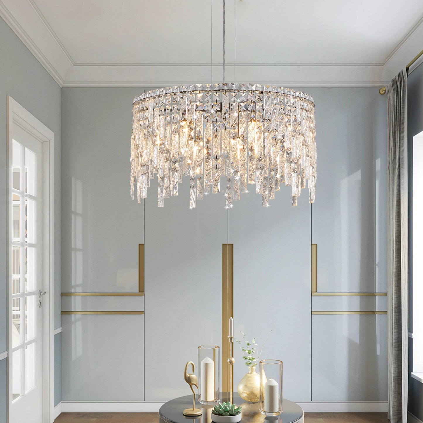 Chrome Elegant Crystal Chandelier Modern Ceiling Light Fixture with Reflective Hanging Crystals for Living Room and Foyers