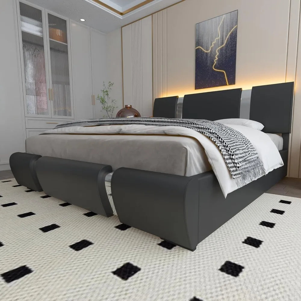 Queen Modern Faux Leather Upholstered Bed Frame with Adjustable Headboard, LED Lights,Low Profile Platform Bed with Iron Piece