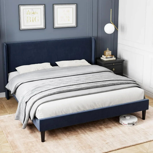 Bed Frame with Wingback & 2 Storage Pockets,  Upholstered Headboard, Solid Wood Slats Support, Velvet Platform Beds Bedroom