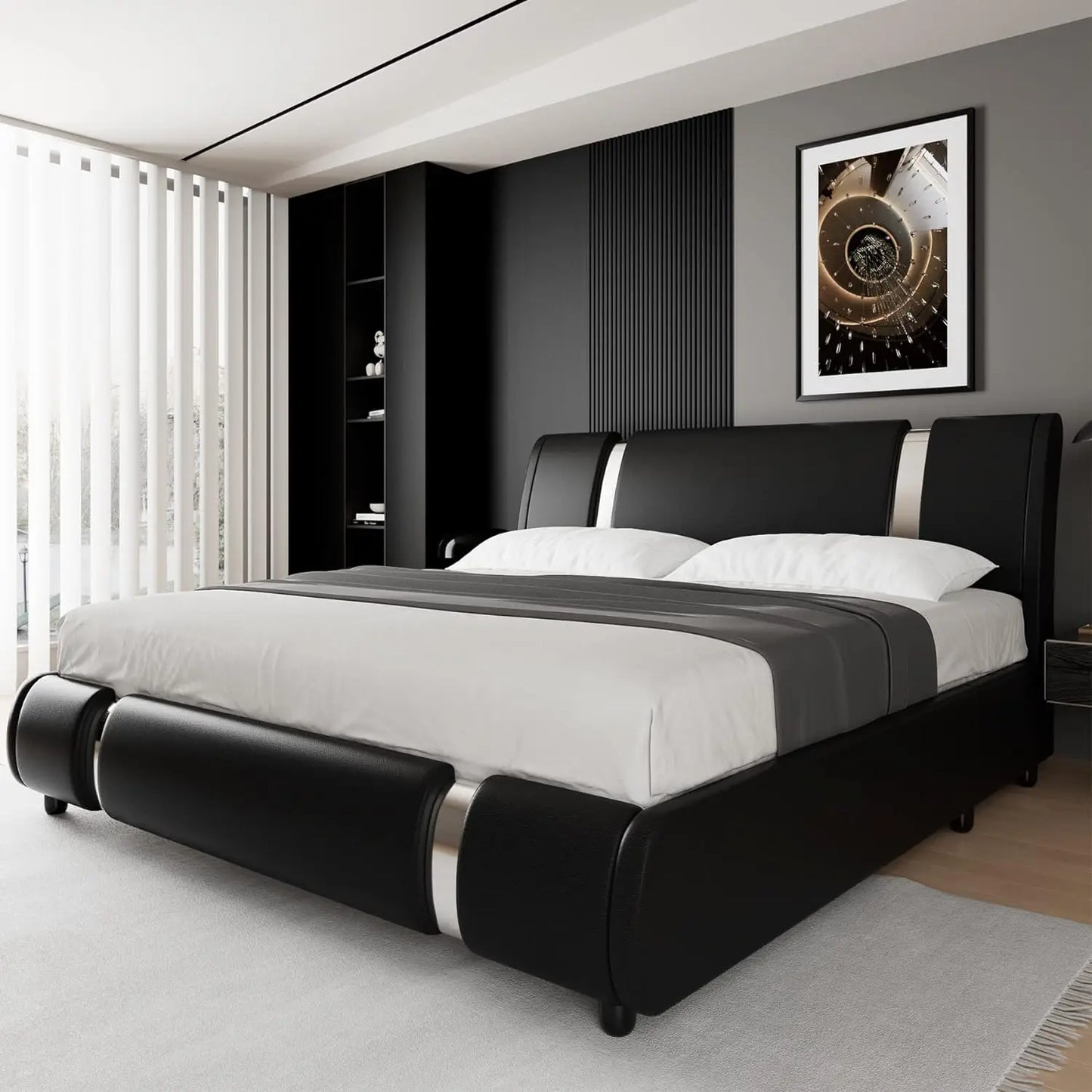 Modern Faux Leather Upholstered Platform Bed Frame with Golden Iron Metal Decor, Adjustable Curved Headboard, Queen Size, White