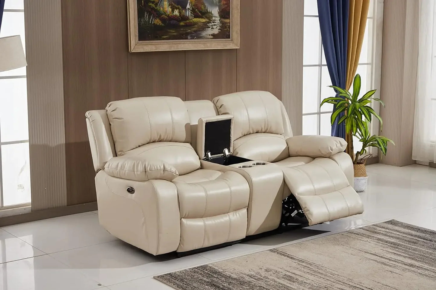 Power Reclining Bonded Leather Living Room Set Beige Sofa Loveseat Chair Easy Assembly Split Back Design