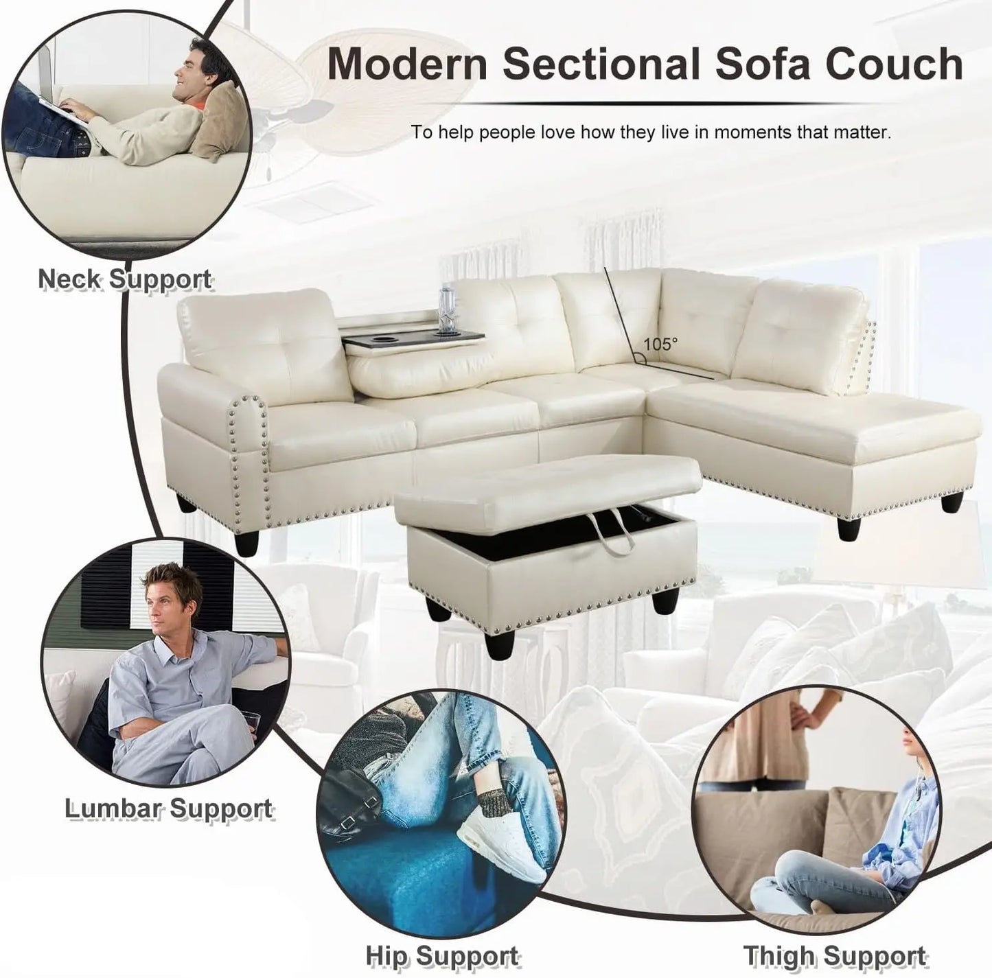 Shaped Sectional Couch with 70" Chaise Lounge, 98" Faux Leather Upholstered Modular Sofas with Right Armrest, Button Tufted