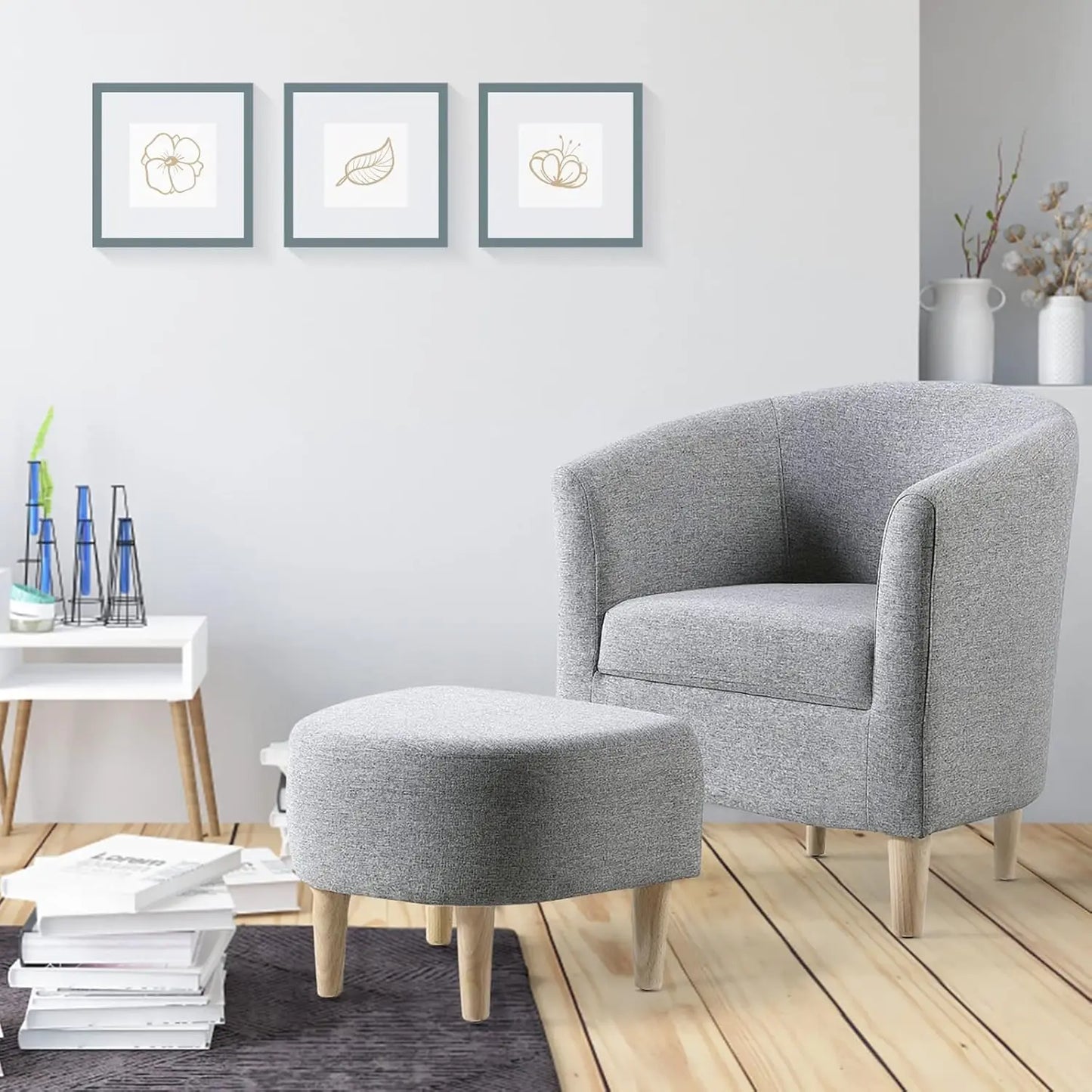 Accent Chair, Sherpa Chair White Fluffy Chair Teddy Barrel Chair with Ottoman Comfy ArmChair Footrest Set