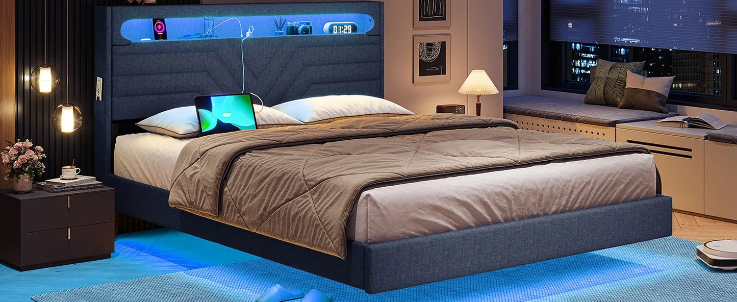 Queen Floating Frame RGB LED Lights ,USB-C/A Power Combo,Linen Upholstered Platform Bed with Storage Headboard