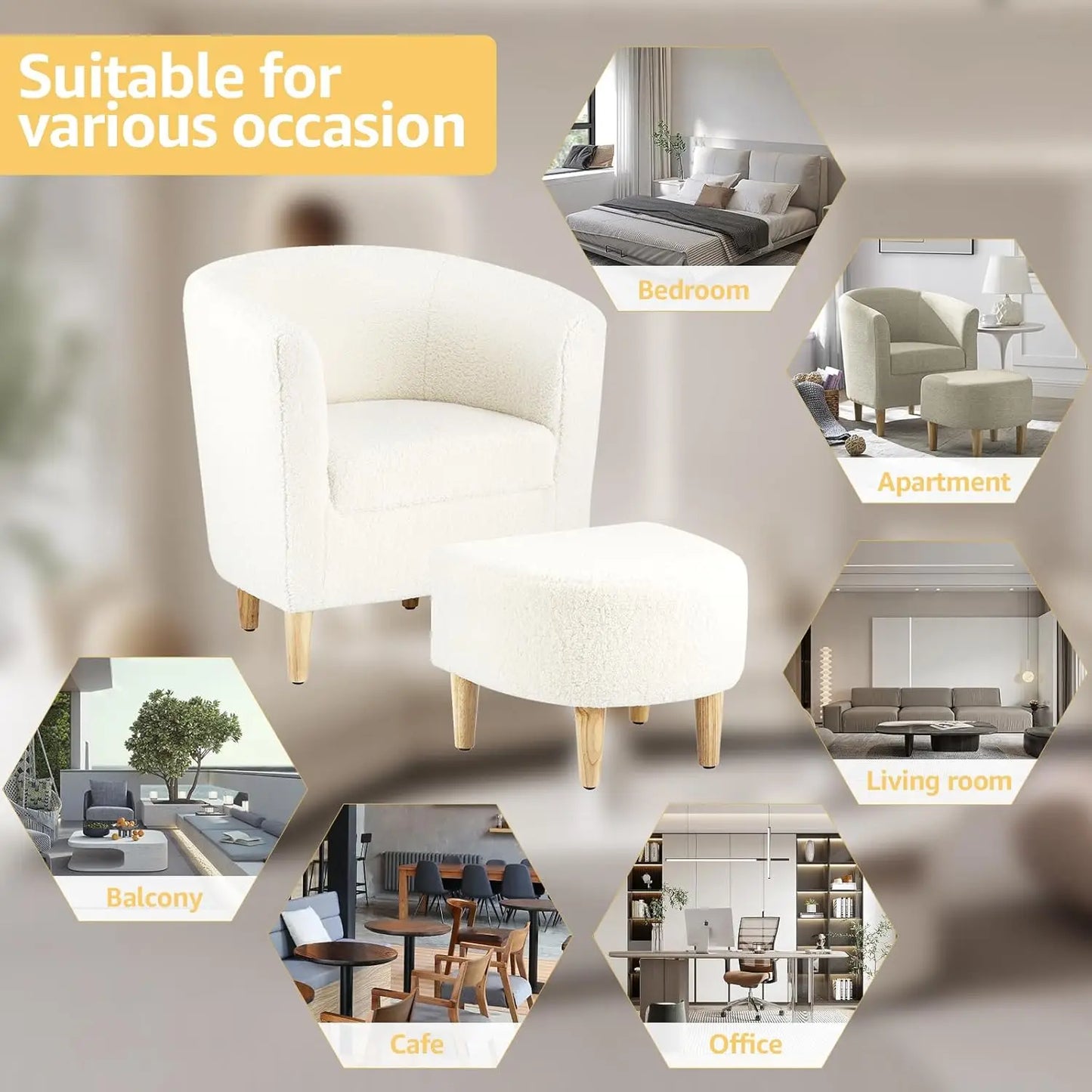 Accent Chair, Sherpa Chair White Fluffy Chair Teddy Barrel Chair with Ottoman Comfy ArmChair Footrest Set