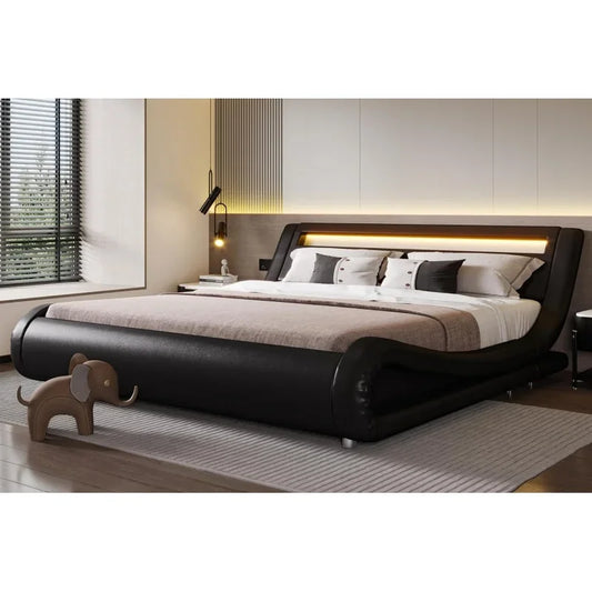 Deluxe Upholstered LED King Bed Frame with Adjustable Headboard - Low Profile Sleigh Design - Strong Wood Slats Support, No Box