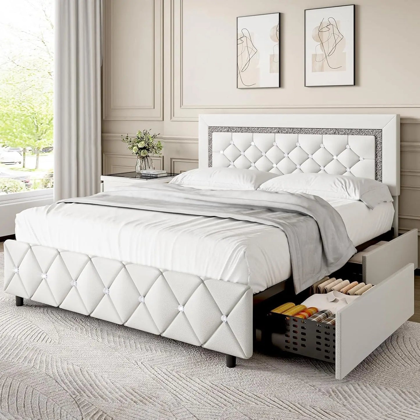 Queen Bed Frame with LED Lights, Upholstered Bed Frame with 4 Storage Drawers, Princess Platform Bed with Diamond Headboard