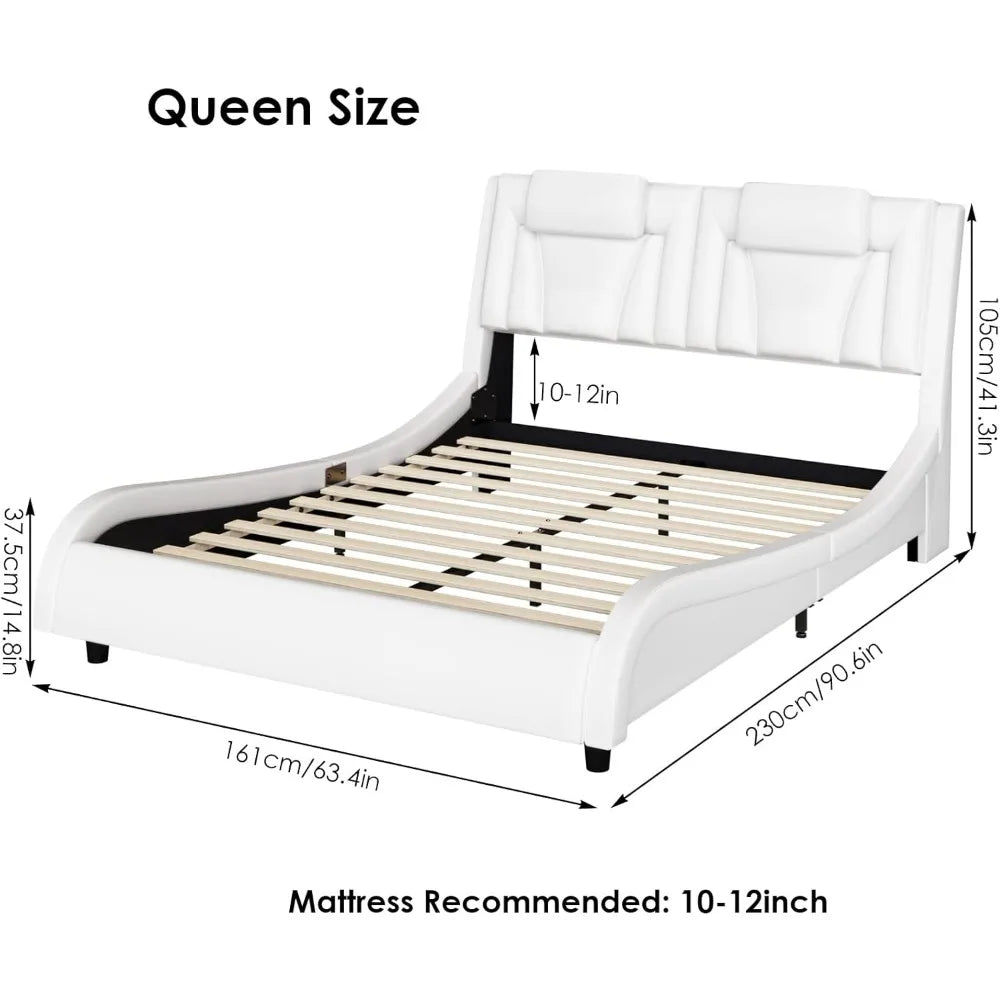 Upholstered Bed Frame, Adjustable LED Headboard, Pu Leather Platform Bed with Wave-Like Curve Design and Solid Wooden, Queen Bed