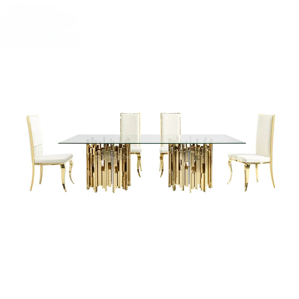 Gold and silver stainless steel metal dinning table and chair set for 4 6 seater luxury malaysia tempered glass top dining table