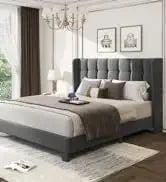King Bed Frame Platform Bed,Linen Fabric Upholstered Headboard and Wooden Slats Support,Heavy Duty Mattress Foundation,Beige