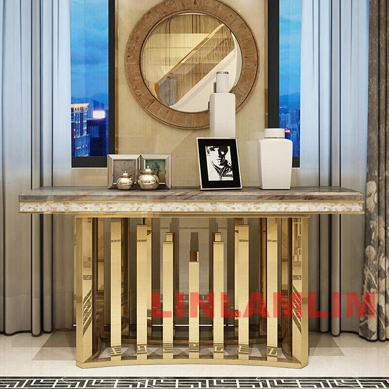 MINGDIBAO Dining Side Table with Sticking Seashells, Natural Marble Stainless Gold End Table, Handmade Coastal Style Furniture