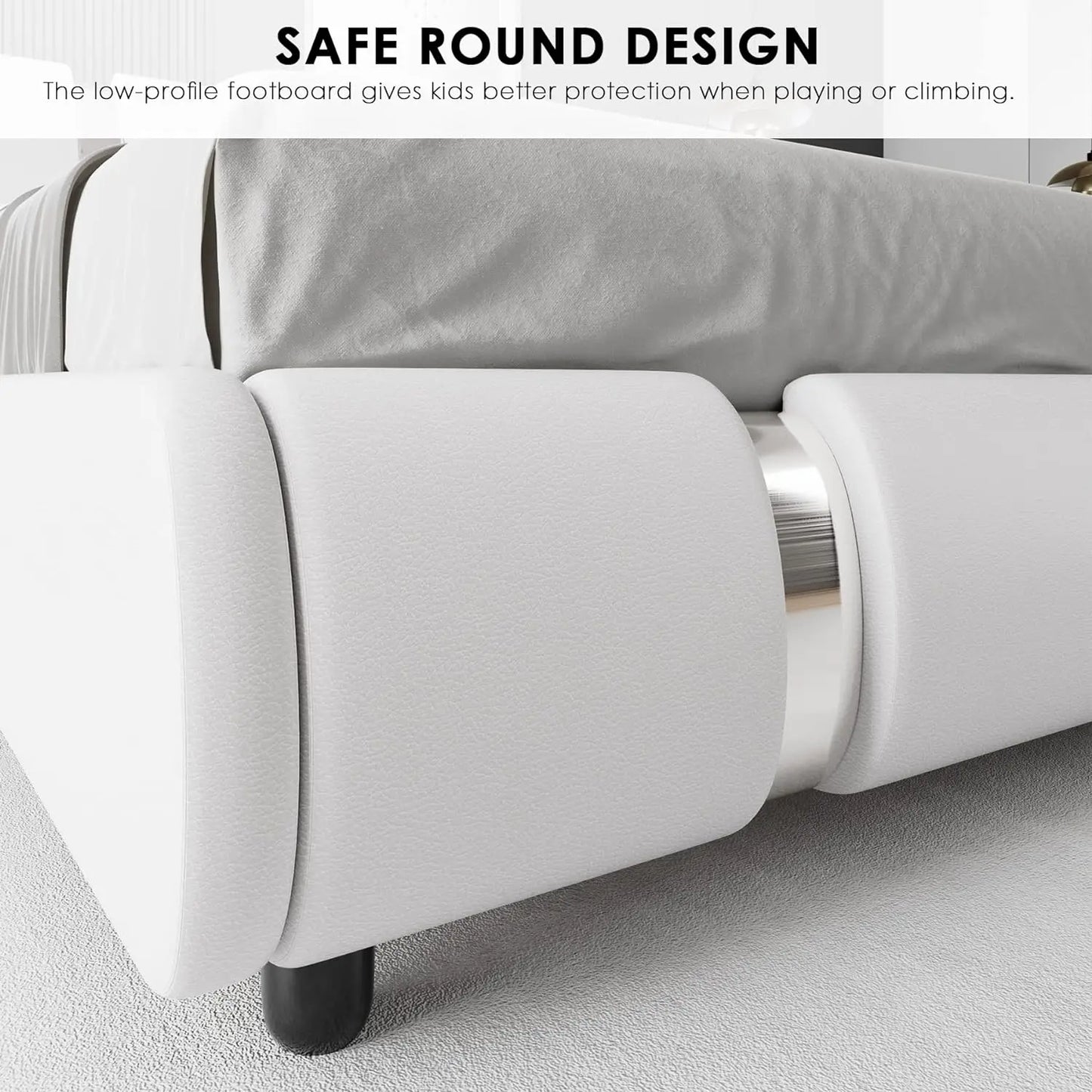 Modern Faux Leather Upholstered Platform Bed Frame with Golden Iron Metal Decor, Adjustable Curved Headboard, Queen Size, White