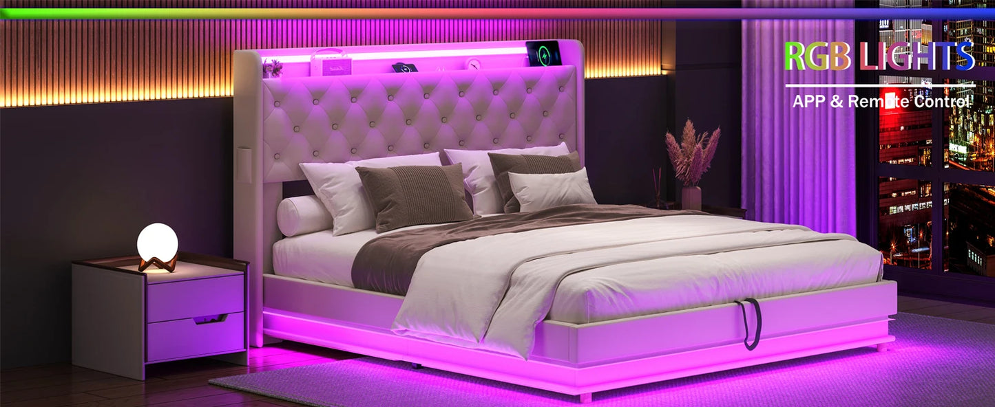 Bed Frame with Charging Station & Led Lights, Upholstered Platform Bed with Button Tufted Wingback Storage Headboard