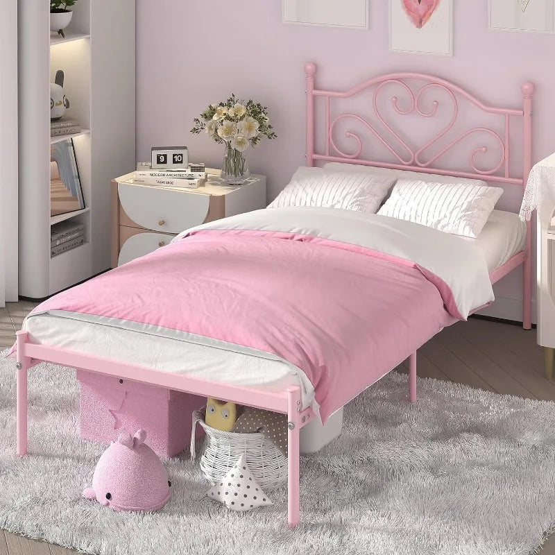 Full Size Bed Frame with Headboard, Heavy Duty Steel Slat Support Platform Under Bed Storage Space No Box Spring Needed, White