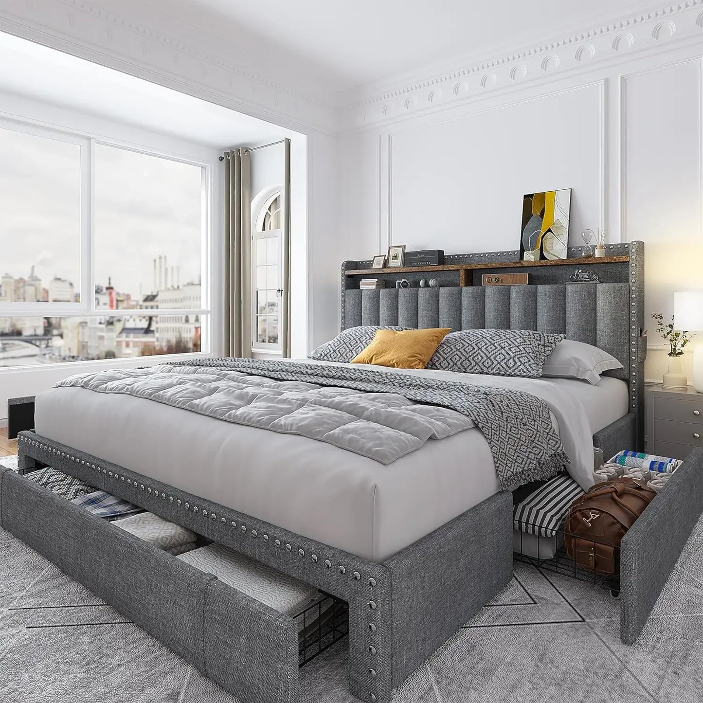 Bed Frame with 3 Drawers, Upholstered Queen, King and Full Size Bed Frame with Headboard and Storage, No-Noise, Easy Assembly