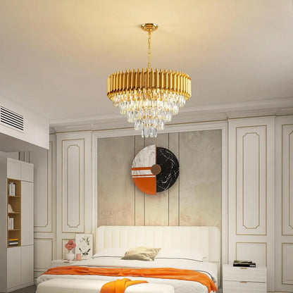 Gold Modern Crystal Chandeliers 5-Tier K9 Round Light Gold Crystal Chandeliers