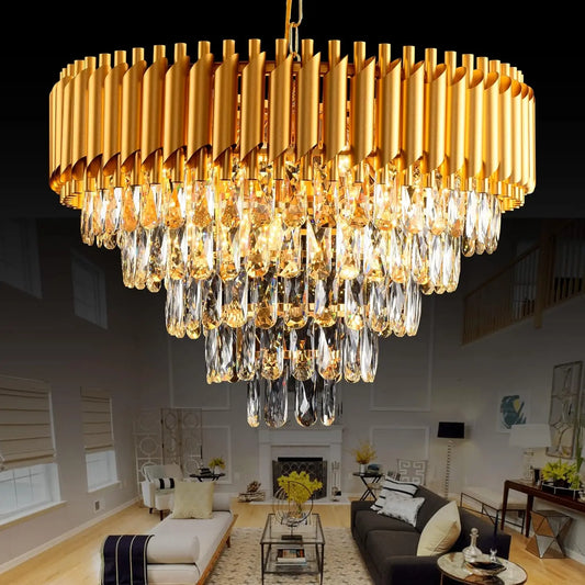 Gold Modern Crystal Chandeliers 5-Tier K9 Round Light Gold Crystal Chandeliers