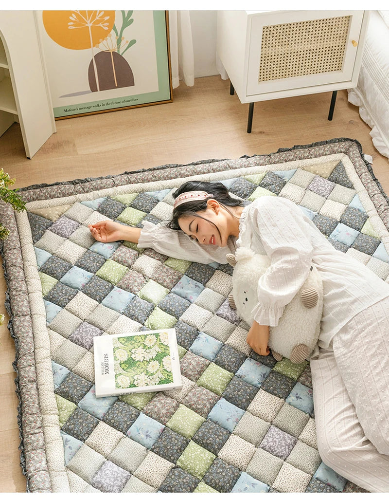 Cotton Carpet for Living Room Hand Patchwork Quilted Thicken Bedroom Rugs Anti Slip Large Kids Room Rug Tatami Mat Machine Wash