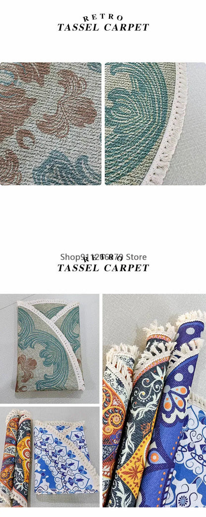 Vintage Round Carpet for Living Room Hand Woven Bedroom Rugs Cotton Linen Tassel Anti Slip Prayer Floor Mat Boho Mandala Carpet