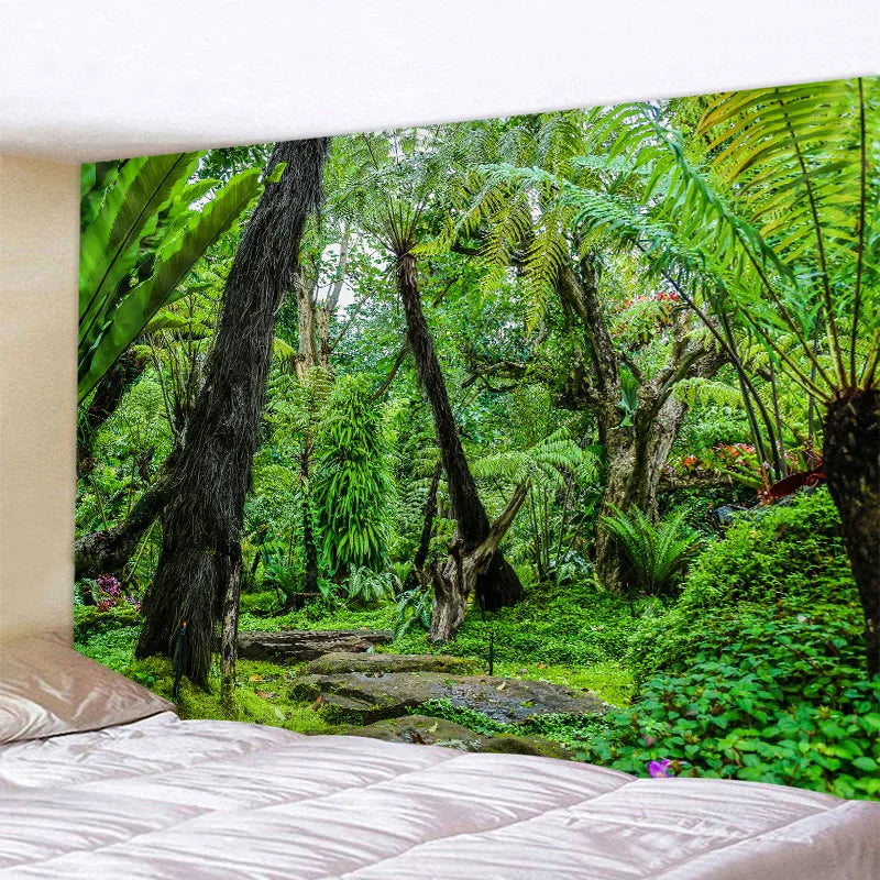 Green jungle tapestry beautiful natural forest large wall hanging hippie bohemian mandala wall art home decoration 8 sizes