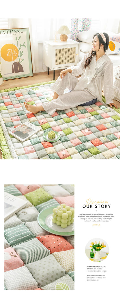 Cotton Carpet for Living Room Hand Patchwork Quilted Thicken Bedroom Rugs Anti Slip Large Kids Room Rug Tatami Mat Machine Wash
