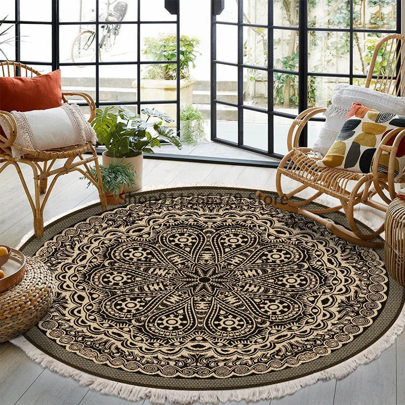 Vintage Round Carpet for Living Room Hand Woven Bedroom Rugs Cotton Linen Tassel Anti Slip Prayer Floor Mat Boho Mandala Carpet