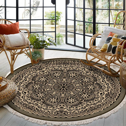 Vintage Round Carpet for Living Room Hand Woven Bedroom Rugs Cotton Linen Tassel Anti Slip Prayer Floor Mat Boho Mandala Carpet