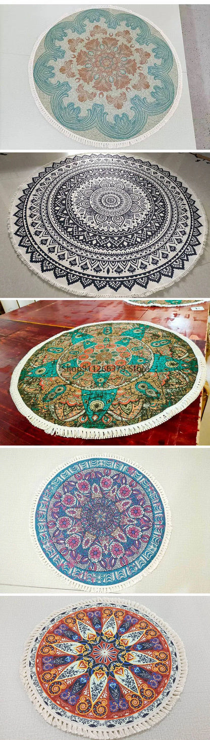 Vintage Round Carpet for Living Room Hand Woven Bedroom Rugs Cotton Linen Tassel Anti Slip Prayer Floor Mat Boho Mandala Carpet