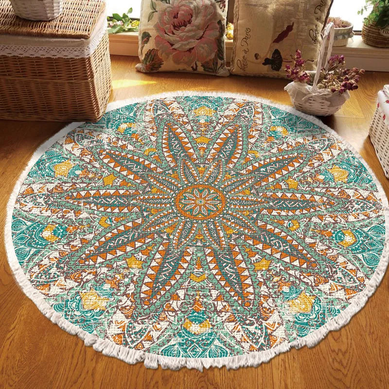 Vintage Round Carpet for Living Room Hand Woven Bedroom Rugs Cotton Linen Tassel Anti Slip Prayer Floor Mat Boho Mandala Carpet