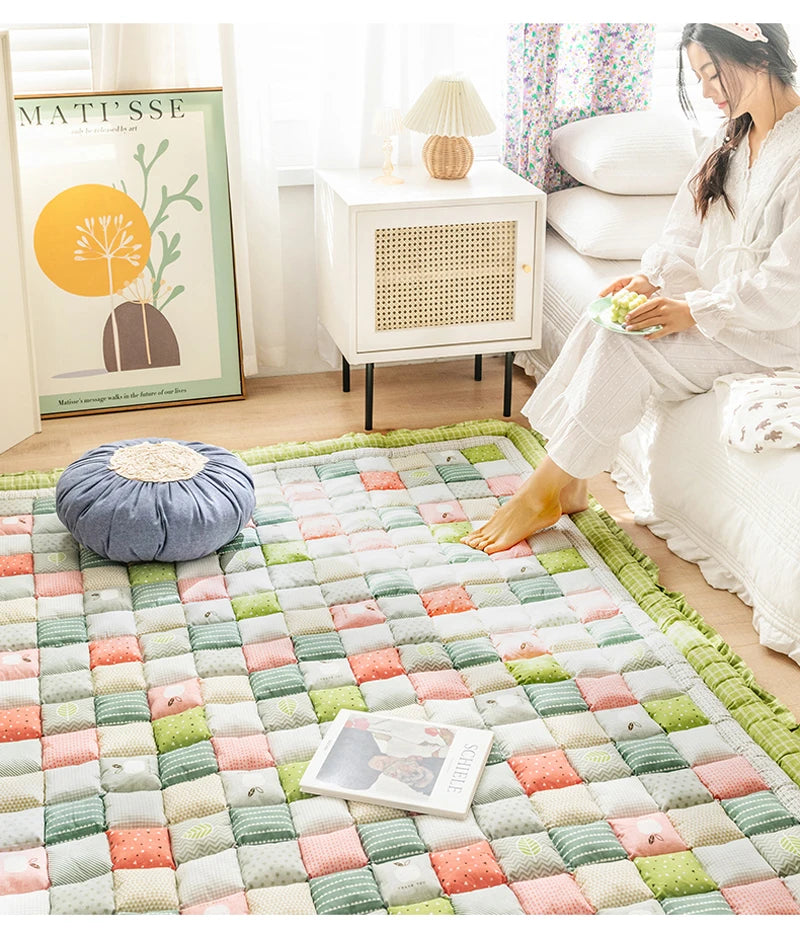 Cotton Carpet for Living Room Hand Patchwork Quilted Thicken Bedroom Rugs Anti Slip Large Kids Room Rug Tatami Mat Machine Wash