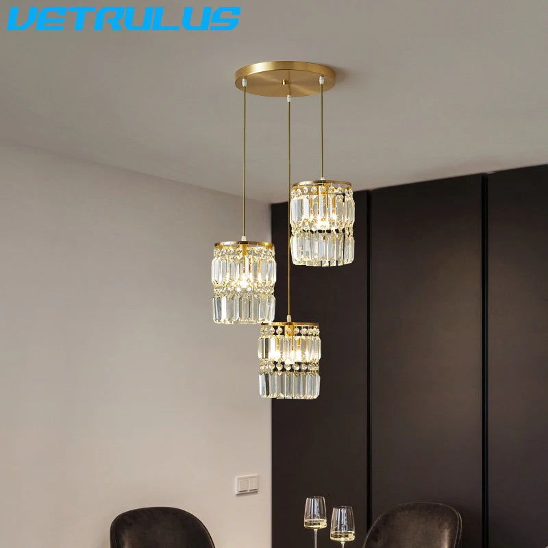 Nordic Copper LED Pendant Light Luxury Crystal Ceiling Lamps Modern Chandelier Lustre Dining Table Bar Kitchen Island Fixtures