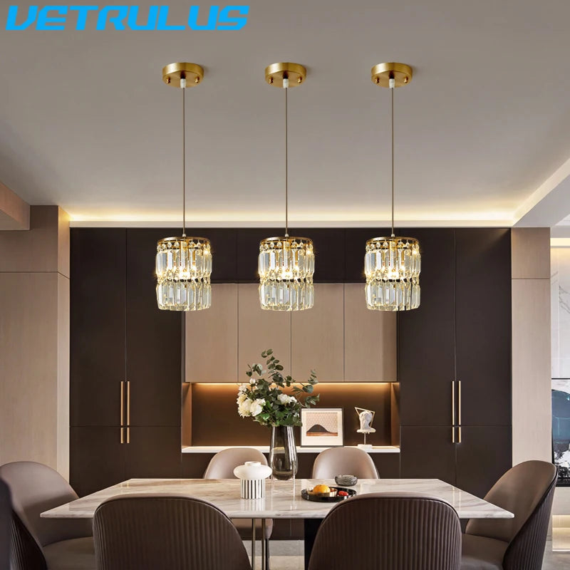 Nordic Copper LED Pendant Light Luxury Crystal Ceiling Lamps Modern Chandelier Lustre Dining Table Bar Kitchen Island Fixtures