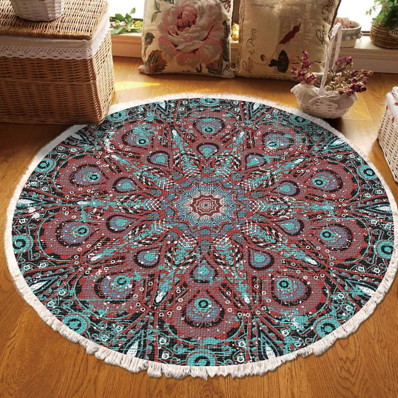 Vintage Round Carpet for Living Room Hand Woven Bedroom Rugs Cotton Linen Tassel Anti Slip Prayer Floor Mat Boho Mandala Carpet