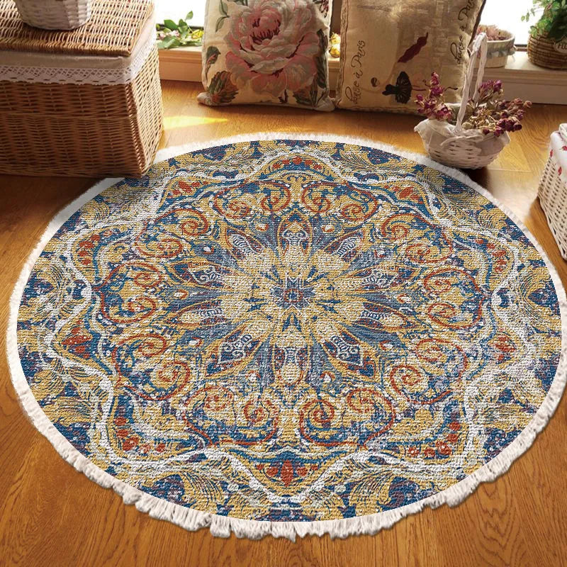 Vintage Round Carpet for Living Room Hand Woven Bedroom Rugs Cotton Linen Tassel Anti Slip Prayer Floor Mat Boho Mandala Carpet