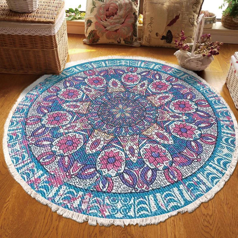 Vintage Round Carpet for Living Room Hand Woven Bedroom Rugs Cotton Linen Tassel Anti Slip Prayer Floor Mat Boho Mandala Carpet
