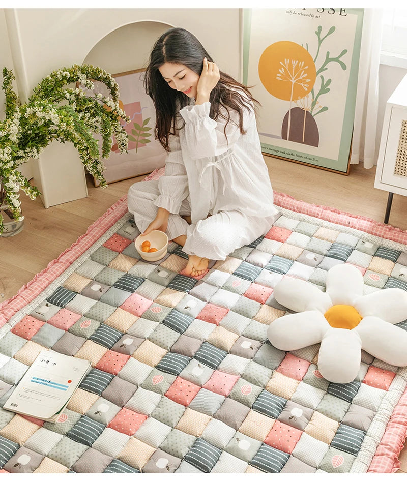 Cotton Carpet for Living Room Hand Patchwork Quilted Thicken Bedroom Rugs Anti Slip Large Kids Room Rug Tatami Mat Machine Wash