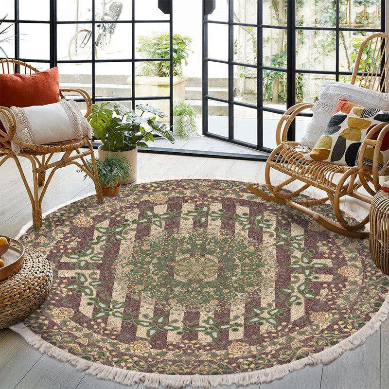 Vintage Round Carpet for Living Room Hand Woven Bedroom Rugs Cotton Linen Tassel Anti Slip Prayer Floor Mat Boho Mandala Carpet