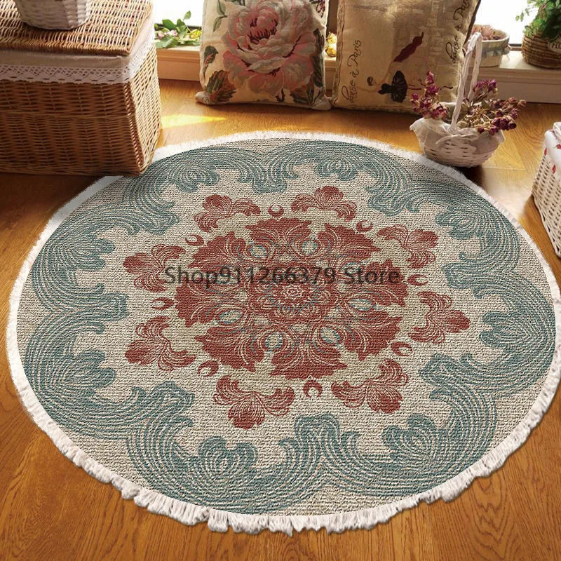 Vintage Round Carpet for Living Room Hand Woven Bedroom Rugs Cotton Linen Tassel Anti Slip Prayer Floor Mat Boho Mandala Carpet