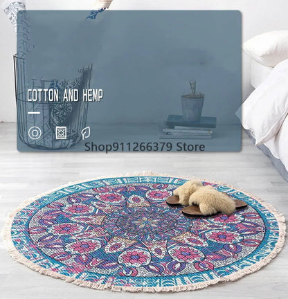 Vintage Round Carpet for Living Room Hand Woven Bedroom Rugs Cotton Linen Tassel Anti Slip Prayer Floor Mat Boho Mandala Carpet